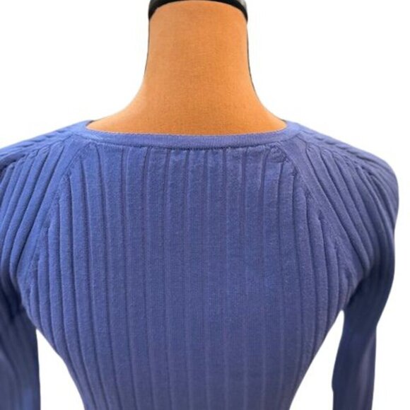Zara Ribbed Deep-V Cropped Long Sleeve Sweater in Blue – Size Medium - Picture 5 of 7